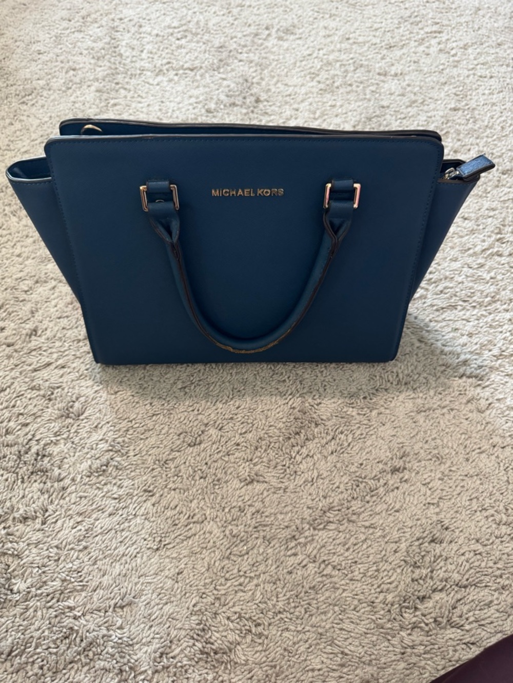 Michael Kors Navy Saffiano Satchel with Gold Accents